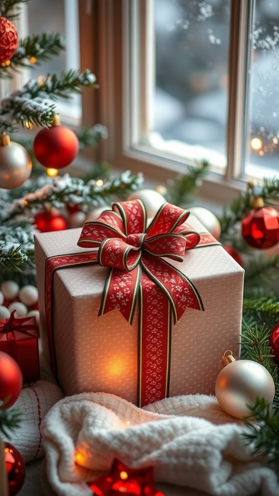 A wrapped Christmas gift with decorations, symbolizing thoughtful gift-giving.